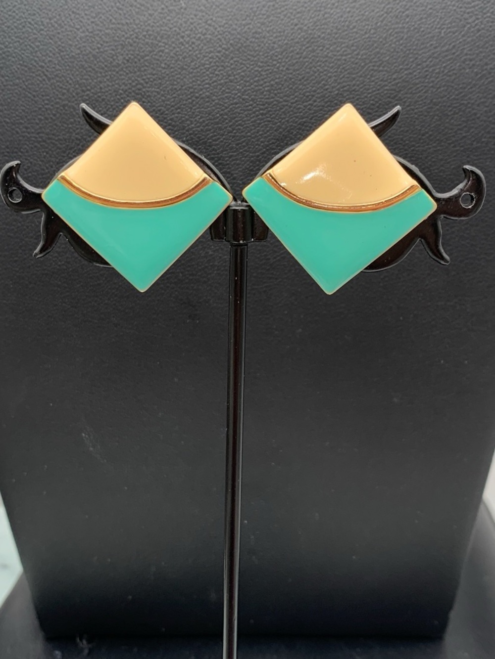 Vintage 80’s Two-Tone Teal and Cream enamel Geometric metal Stud Earrings